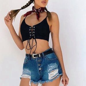 Black lace up crop tank top